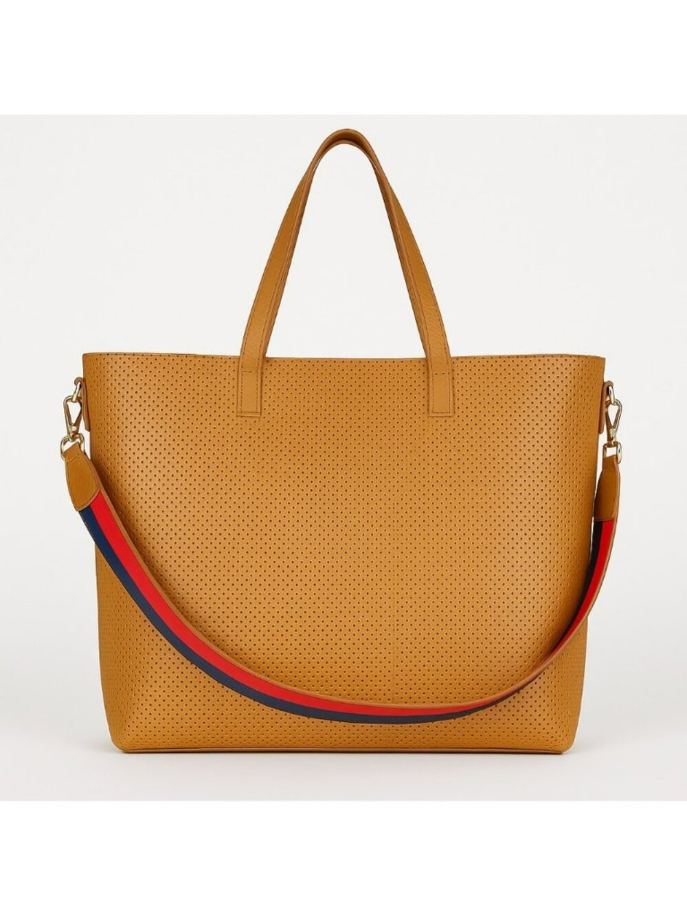 New Mark & Graham Large Perforated Tan Leather Tote Bag With Red Interior & Adju